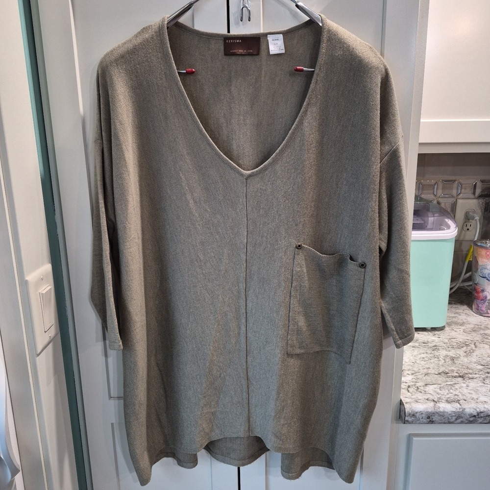 Kerisma Olive V-Neck Oversized Pocket Top Casual Knit Sweater S/M